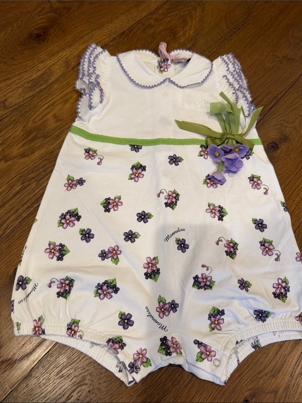 MonnaLisa White romper onesie with violets and flower Accents